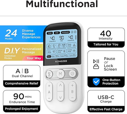 4 in 1 - D.I.Y & Tens Unit & EMS & Massage Muscle Stimulator, Dual Channel TENS