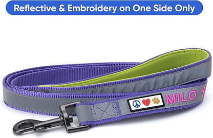 Pawtitas Personalized Dog Leash - Embroidered Custom Name & Phone Number, Reflective, 6 ft Long, Small, Purple Custom Tag