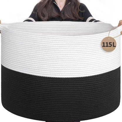 INDRESSME 115L Extra Large Cotton Rope Blanket Basket, Woven Storage for Living Room Toy Baskets Kids Baby Laundry Hamper for Dirty Clothes, Pillows, White & Black