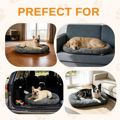 Washable Oval Medium Dog Bed, Silver-Tipped High-Resilience, Dark Gray | Non-Slip Bottom Prevents Sliding, Soft Plush Short Fur, Machine Washable, Ideal for Crates/Apartments/Cozy Nooks,29"x18"x2.8"