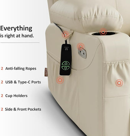 MCombo Power Lift Recliner Chair for Elderly, Lift Chair with Heat and Massage, FSC Certified, USB Ports, Cup Holders, Faux Leather 7040 (Cream White, Medium)