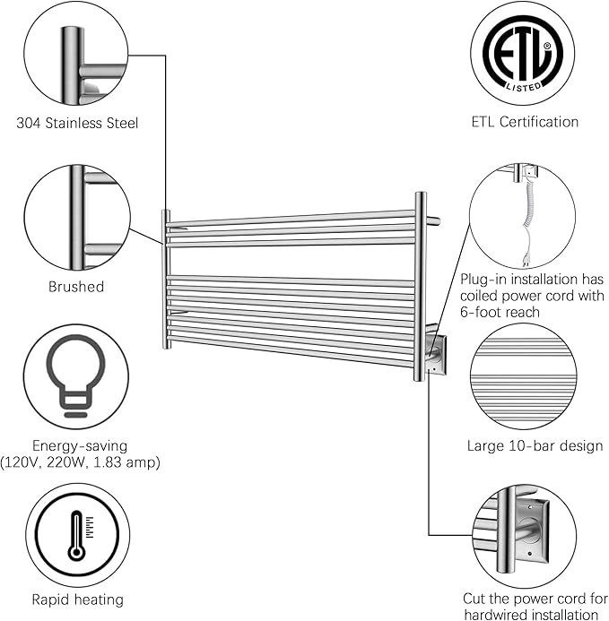 HEATGENE Towel Warmer 10 Bar Towel Dryer Wall-Mounted Plug-in Bath Towel Heater