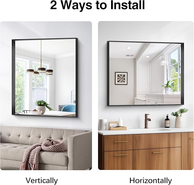 Black Bathroom Mirror, 30x36 Inch Rectangular Framed Mirror, Large Wall Mounted