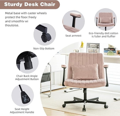 Furnimart Criss Cross Desk Char Wide Seat with Wheels and Arms, 360° Swivel Cross Legged Desk Chair Thick Cushion, Linen Comfy Armless Home Office Chair for Bedroom, Vanity, Sturdy (Light Pink)