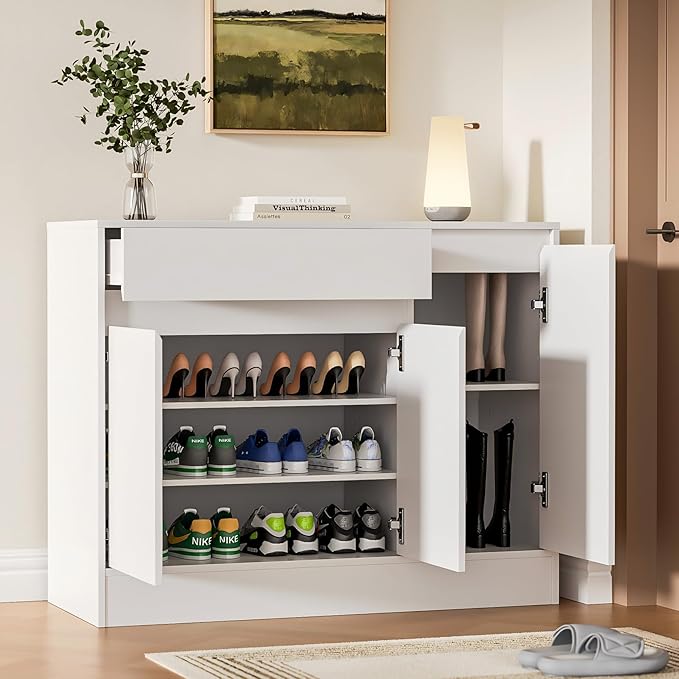 Shoe Cabinet Storage with 3 Doors, Freestanding Shoe Cabinet with Drawer &