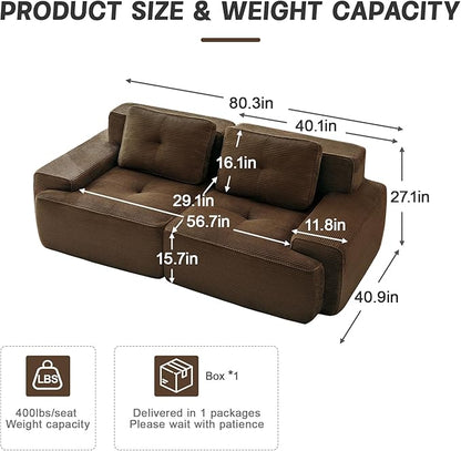 80" Modern Corduroy Boneless Love Seat Couches, 2 Seater Large Sectional Couches for Living Room, Brown Cloud Modular Sectional Sofa, Memory Foam, Extra Deep Loveseat, No Assembly
