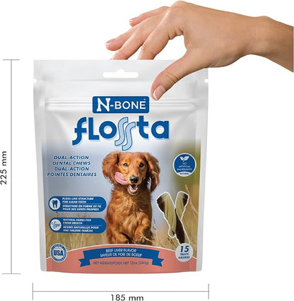 N-Bone FLOSSta Dental Chews for Dogs – Natural Beef Liver Flavor, No Dyes, Grain-Free, Breath Freshening, Plaque & Tartar Control, Digestible Teething Aid – 12 oz Bag