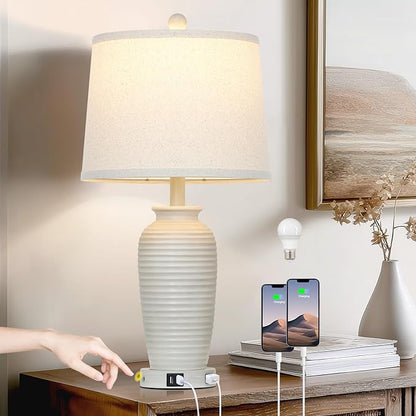 25" Vintage Farmhouse Jar Table Lamps, Single Rustic Bedside Lamp with USB A+C Ports & AC Outlet, Nightstand Lamps for Living Room, Bedroom, End Table, Cream(LED Bulb Included)