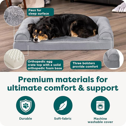 Furhaven Orthopedic Dog Bed for Large/Medium Dogs w/ Removable Bolsters & Washable Cover, For Dogs Up to 55 lbs - Plush & Suede Sofa - Gray, Large
