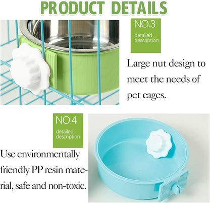 kathson Crate Dog Bowl 2pcs, Removable Stainless Steel Hanging Pet Kennel Cage Bowl Food & Water Feeder Coop Cup for Puppy, Cat, Rabbit,Guinea Pigs Large (Blue,Green)