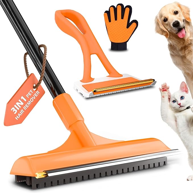 Carpet Rake for Pet Hair Removal - 3 in 1 Pet Hair Remover Tool with 58" Adjustable Long Handle,Reusable Dog & Cat Carpet Scraper,Pet Hair Remover for Rugs,Mats,Couch,Curtains(Orange)