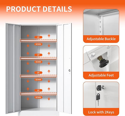 Metal Storage Cabinet with Adjustable Shelves, Garage Tool Cabinet with 2