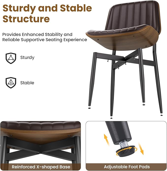 YaFiti Dining Chairs Set of 6, Mid Century Modern Dining Room Kitchen Chairs, Upholstered PU Leather Vertical Stripe Chairs for Vanity with Walnut Bentwood and Metal Legs, Brown