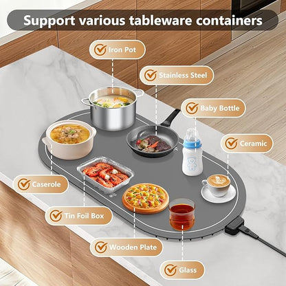 Warming Mat for Food with Adjustable Temperature Timer, 10S Fast Heating