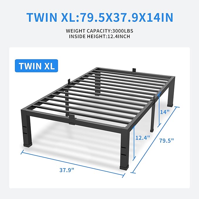 MAF 14 Inch XL Twin Bed Frame Metal, Heavy Duty Metal Bed Frame Platform with 3000 LBS Steel Slat Support Noise Free No Box Spring Needed Under-Bed Storage Space