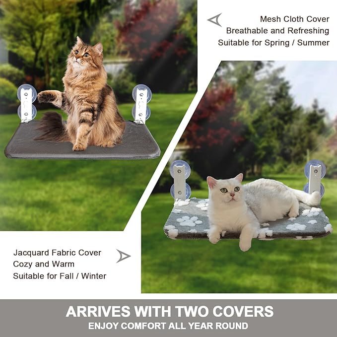 Cat Window Perch, Foldable Cat Window Hammock with Cute 3D Textured Flower Cover, Breathable Mesh Cover and Strong Suction Cups, Cordless Window Seat Bed for Indoor Cats (Grey, Medium)