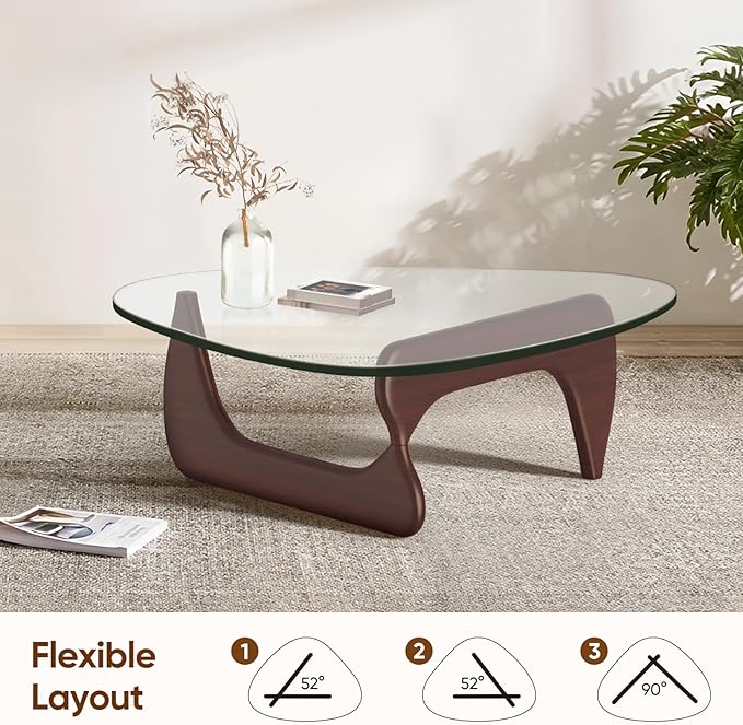 Triangle Glass Coffee Table with Solid Wood Base, 0.8'' Thick Clear Glass Top, 51'' Width Mid Century Modern Coffee Table for Living Room Bedroom Reception (Dark Walnut)