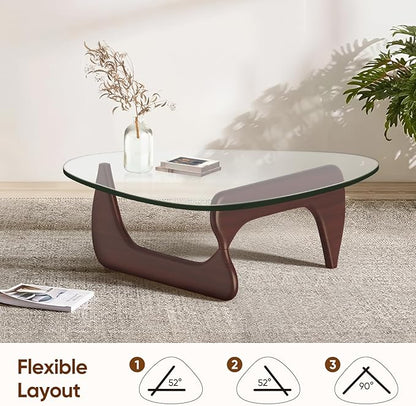 Triangle Glass Coffee Table with Solid Wood Base, 0.8'' Thick Clear Glass Top, 51'' Width Mid Century Modern Coffee Table for Living Room Bedroom Reception (Dark Walnut)