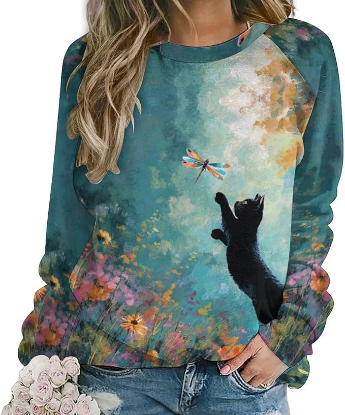 Abstract Cute Cat Shirts for Women Long Sleeve Lady Crewneck Pullover Sweatshirt Fall Winter Oversized Tops