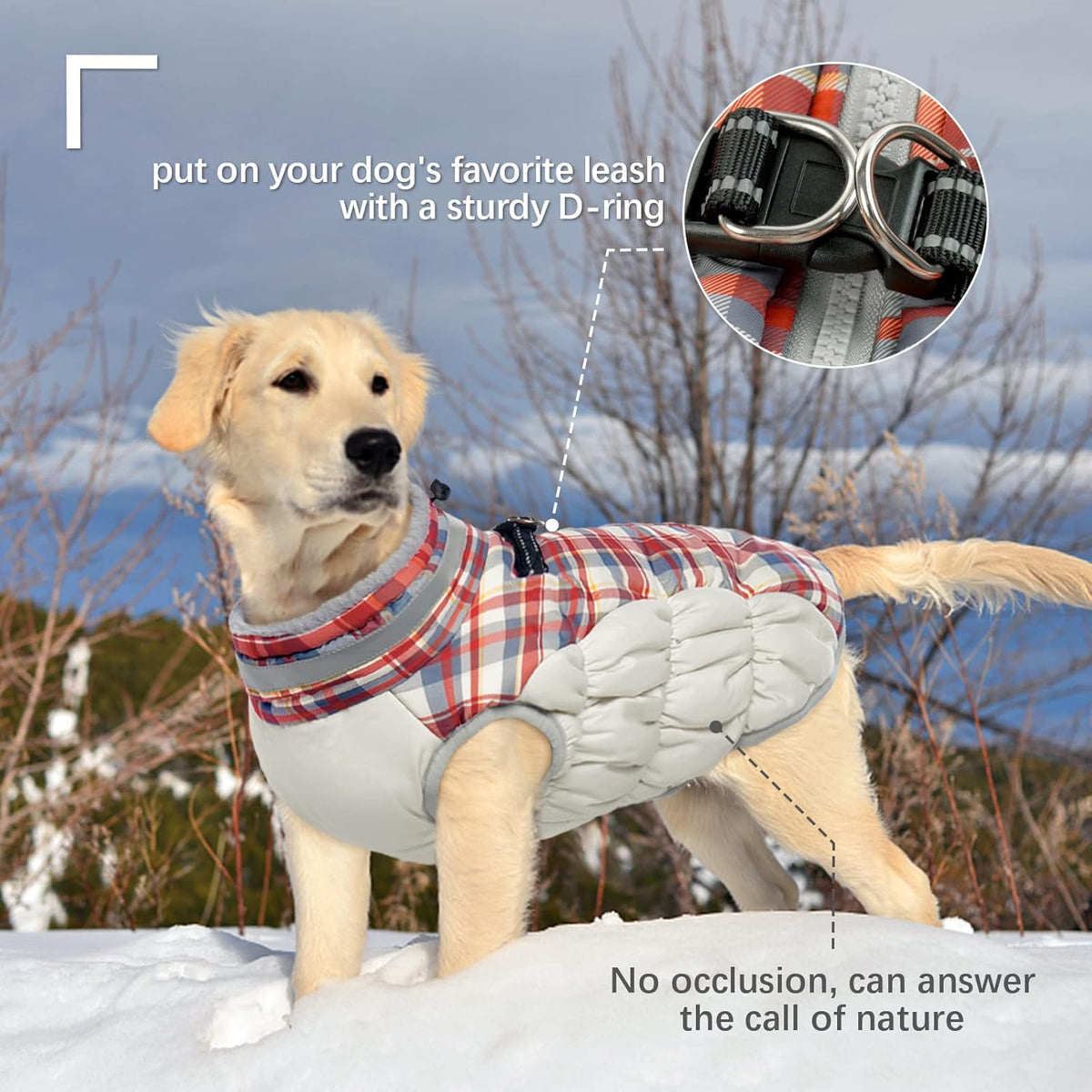FUAMEY Dog Coat for Small Dogs,Waterproof Dog Winter Jacket with Harness Built in Puppy Cold Weather Coats Reflective Pet Vest with Zipper Warm Fleece Dogs Snowsuit Windproof Red Plaid XS