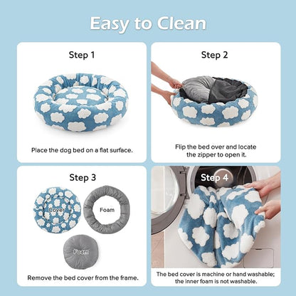 JOEJOY Jacquard Donut Round Small Dog Beds,Blue 27x27x8in, Removable Washable Cover, Cute Pattern, Ultra Soft Fluffy Calming Pet Bed with Thick Supportive Bolster