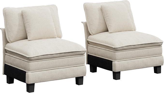 PHI VILLA Indoor Modular Sectional Couches Sets, 2-Piece Armless Sofa Set, 2-Seater Upholstered Couch for Living Room Small Spaces, Corduroy Fabric, Beige