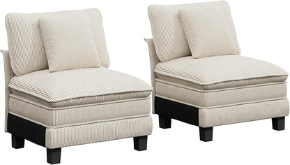 PHI VILLA Indoor Modular Sectional Couches Sets, 2-Piece Armless Sofa Set, 2-Seater Upholstered Couch for Living Room Small Spaces, Corduroy Fabric, Beige