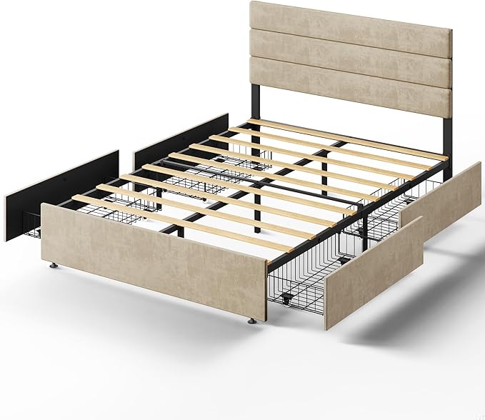 WLIVE Full Size Upholstered Bed Frame with 4 Drawers and Velvet Square Tufted Headboard, Sturdy Metal & Wooden Slats Support, No Box Spring Needed, Easy Assembly, Beige