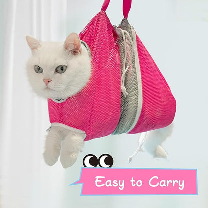 Cinf Cat Bathing Bag, Breathable Mesh Anti Scratch Adjustable Cat Grooming Bag for Nail Trimming, Bathing Soft Cat Washing Bag(Pink) L