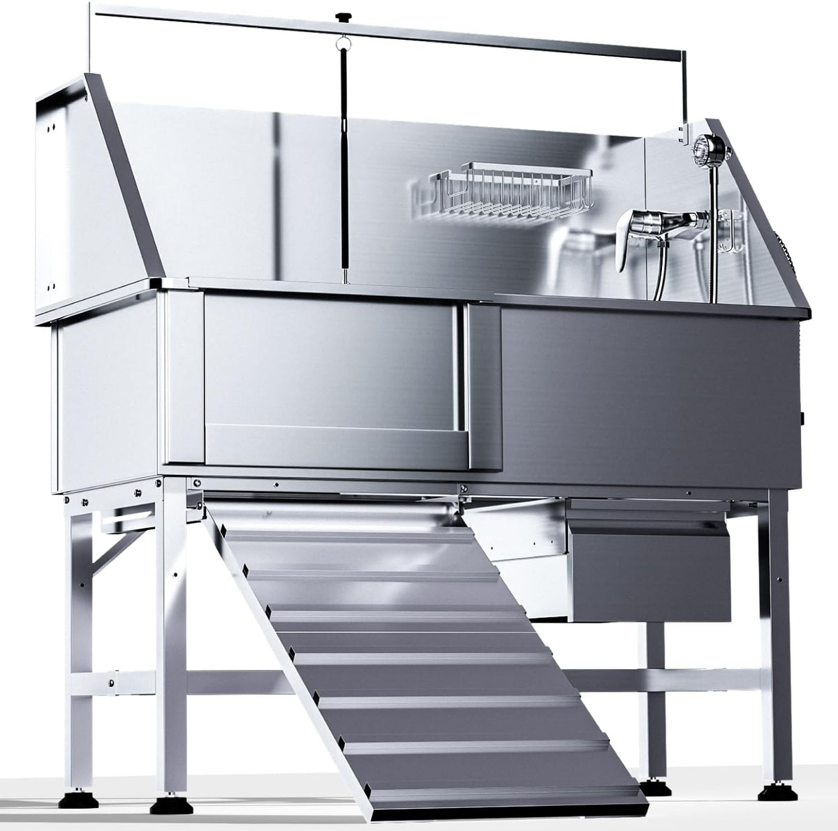 Professional 46" Dog Washing Station, Stainless Steel Dog Bathing Station, Height Adjustable Dog Wash Station, Storage Drawer, Upgrade Parts, Home, Commercial (Left Ramp)