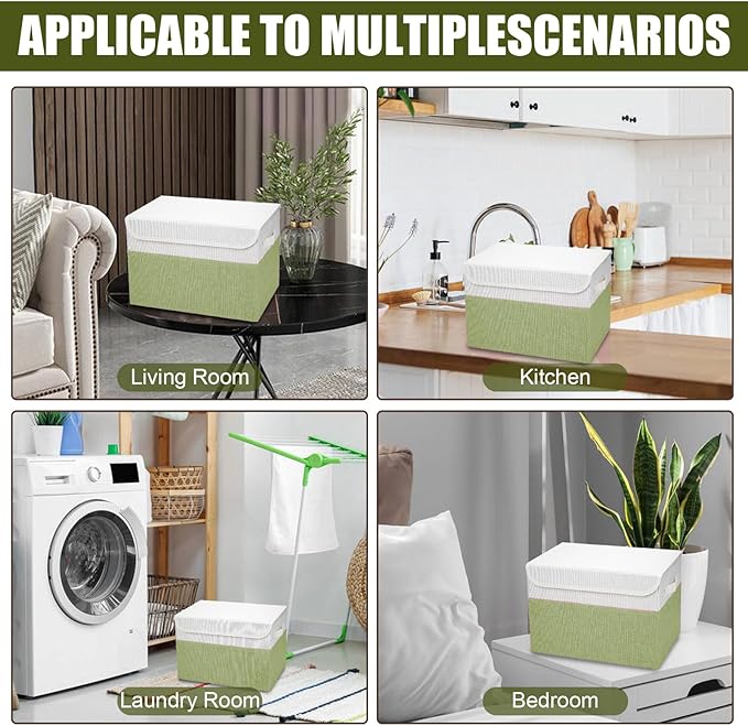 Large 22 Quart Linen Fabric Foldable Storage Bin Cube Organizer Basket with Flip-Top Lid & Handles, Clothes Blanket Box for Home, Office, Closet, Green & White, 4 Pack 14.6 x 9.5 x 9.5