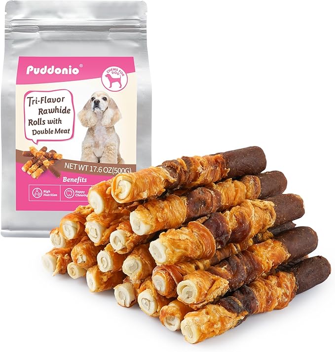 Dog Treats, Triple Flavor 6 Inch Rawhide Rolls, Chicken Duck and Chicken Liver Wrapped Rawhide Dog Chews, Suitable for Medium Dogs, 35.3 oz