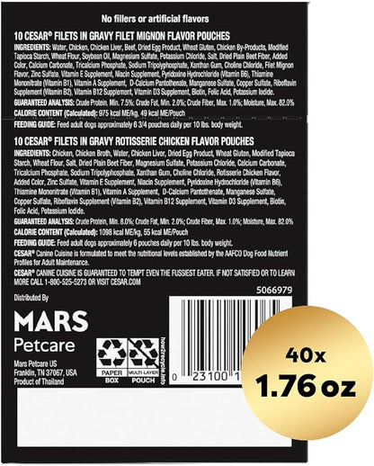 Cesar Filets in Gravy Wet Dog Food Filet Mignon Flavor and Rotisserie Chicken Flavor Variety Pack, 1.76 oz. Mini-Pouches (20 Count, Pack of 2)