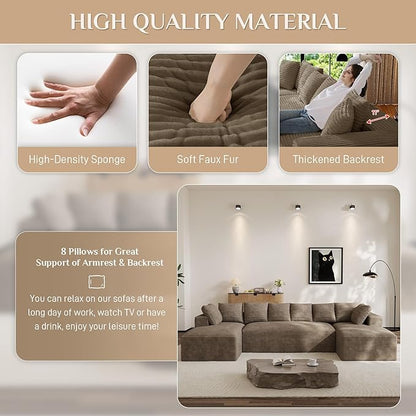 Modular Sectional Sofa, 130" U Shaped Cloud Couch Plush Corduroy Comfy Deep Seat Boneless Sofas with 8 Pillows Double Chaise Lounge Sectional Couches with Memory Foam for Living Room - Camel