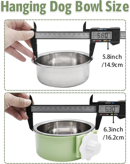 kathson Crate Dog Bowl 2pcs, Removable Stainless Steel Hanging Pet Kennel Cage Bowl Food & Water Feeder Coop Cup for Puppy, Cat, Rabbit,Guinea Pigs Large (Blue,Green)