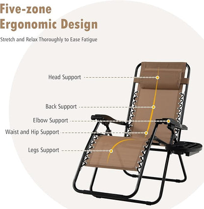 Tangkula Zero Gravity Chair, Folding Patio Lounge Chair Adjustable Outdoor Recliner with Cup Holder, Wide Armrest for Patio Garden Poolside Outdoor Yard Beach, Support 350 lbs (1, Light Brown)