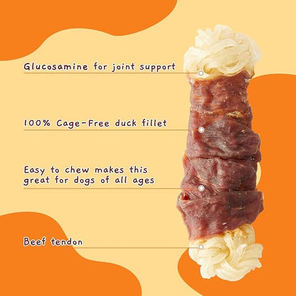 Jungle Calling Beef Tendons for Dogs, Duck Wrapped Tendons Dog Chews Long Lasting Hip and Joint Supplement for Dogs with Glucosamine (Knotted Bone)
