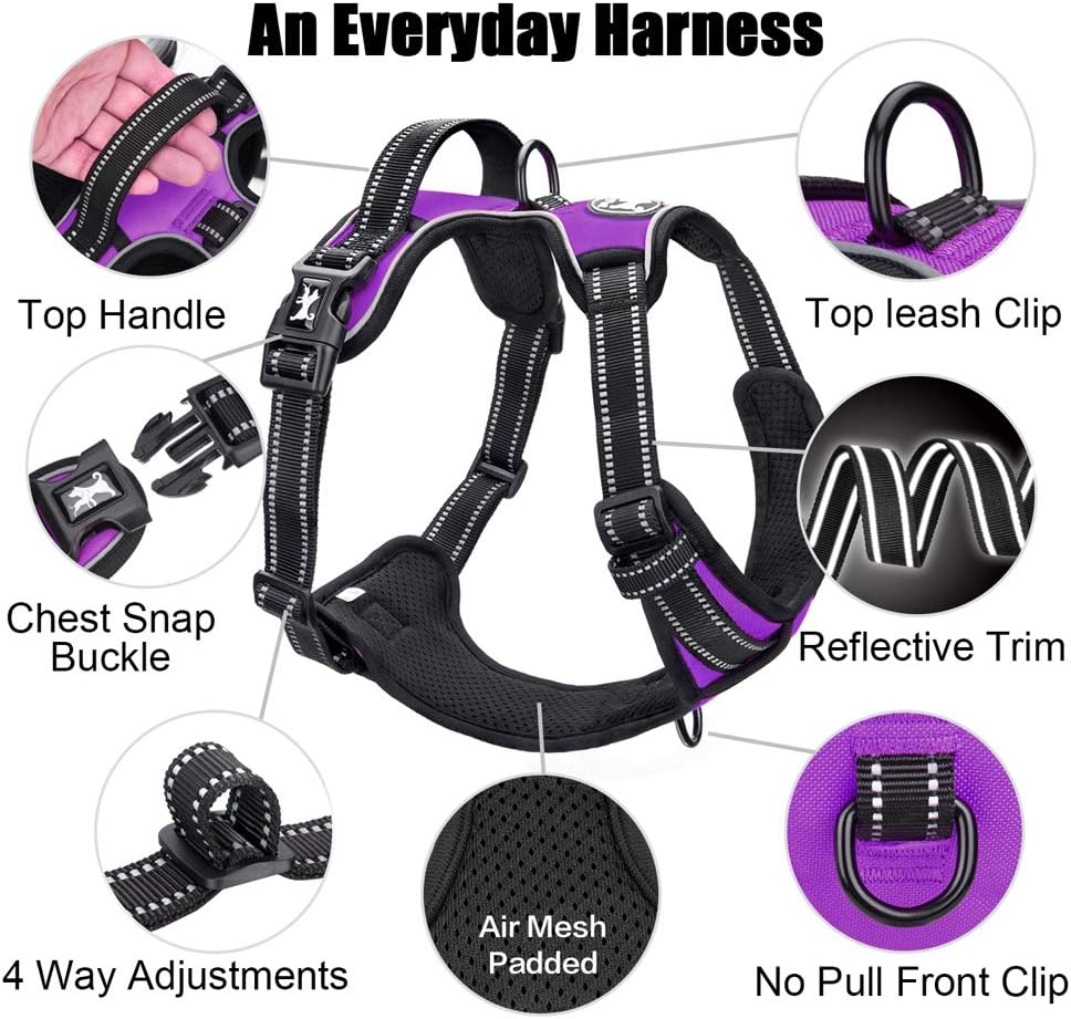 PoyPet No Pull Dog Harness, Reflective Comfortable Vest Harness with Front & Back 2 Leash Attachments and Easy Control Handle Adjustable Soft Padded Pet Vest for Small to Large Dogs (Purple,L)
