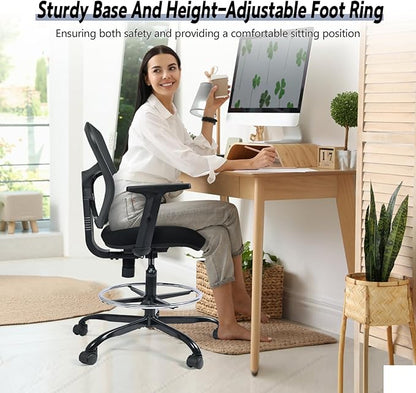 Drafting Chair, Tall Office Chair Ergonomic Standing Desk Chair,Rolling Desk Chair with Adjustable Armrest & Foot Ring,SGS Certified Gas Cylinder,High Rebound Sponge. (Black)