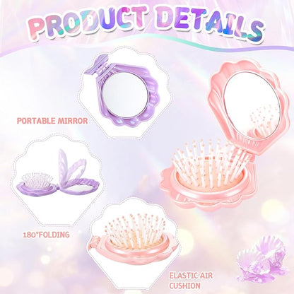 LemonRoad 24 Sets Mermaid Party Favors Shell Hair Brush with Mirror Card, Foldable Mini Travel Compact Hair Brush for Women Birthday, Bachelorette, Under The Sea, Beach Party Gifts(Pink Purple Teal)