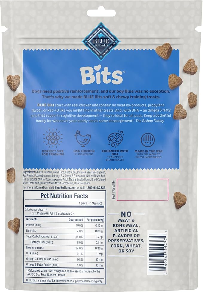 Blue Buffalo Bits Soft Dog Treats for Training, Made With Natural Ingredients & Enhanced with DHA, Chicken Recipe, 19-oz Bag