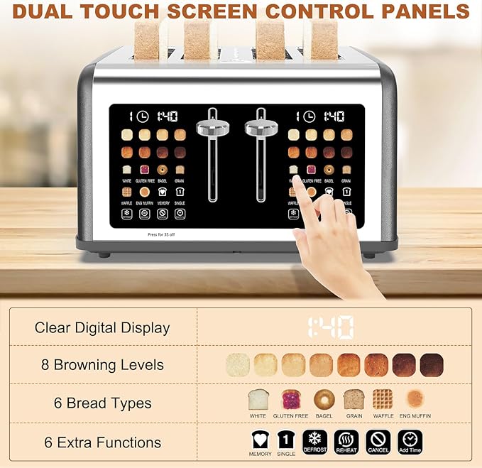 4 Slice Toaster Touch Screen, Stainless Steel Toasters Digital Timer, Dual