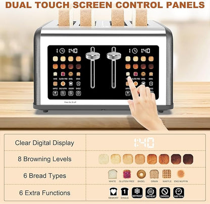 4 Slice Toaster Touch Screen, Stainless Steel Toasters Digital Timer, Dual
