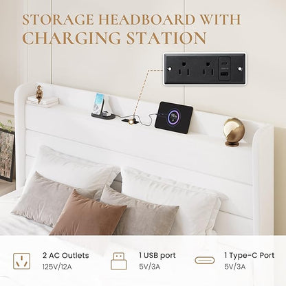 SHA CERLIN King Size Bed Frame with Charging Station, Velvet Upholstered Platform Bed, Wingback Storage Headboard, Type-C & USB Ports, Strong Wooden Slats, No Box Spring Needed, Easy Assembly, White