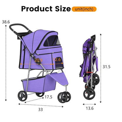 BestPet | 3-Wheel Pet Stroller | Purple | Foldable Dog and Cat Stroller | Breathable Mesh | Lightweight, Waterproof Travel Carrier with Cup Holder & Storage Basket | for Daily Walks & Outdoor Use