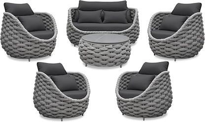Erotr Aluminum Outdoor Patio Furniture Set: 6 Pieces Porch Rope Conversation Sofa Set - Modern Woven Deck Couch Set Cushioned - No Assembly All Weather Seating for 660lbs Yard Garden Lanai Hotel Pool