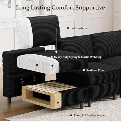 Modular Sectional Sofa 6 Seat Corduroy Sectional Sofa with Storage Ottoman, Comfy Modular Couch Sleeper Sofa Bed, Sectional Couches for Living Room, Black