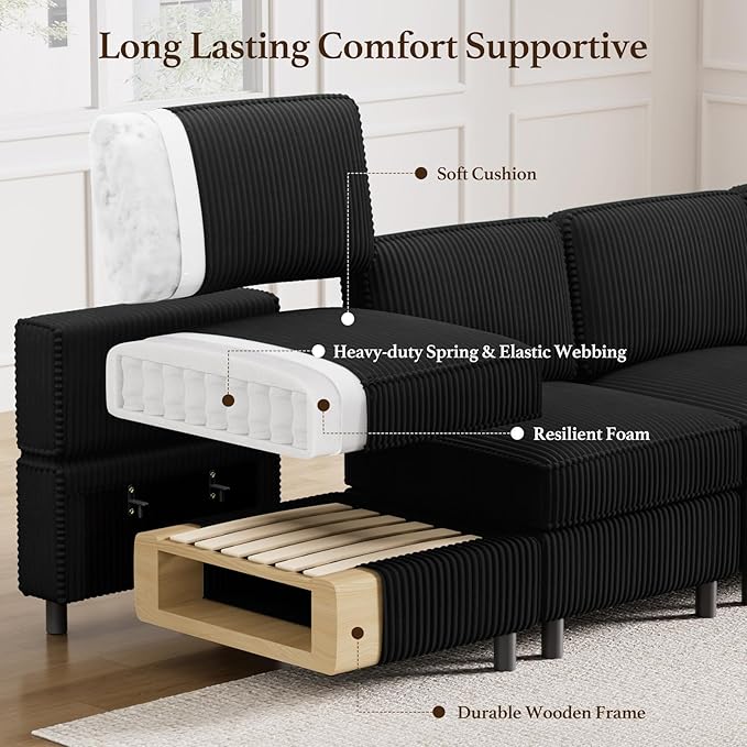114.2" 5 Seater Modular Sofa with Deep Storage Seat,Corduroy Convertible L Shaped Sectional Couch,Modular Couch with Movable Ottoman Chaise,Upholstered Sectional Couches for Living Room,Black