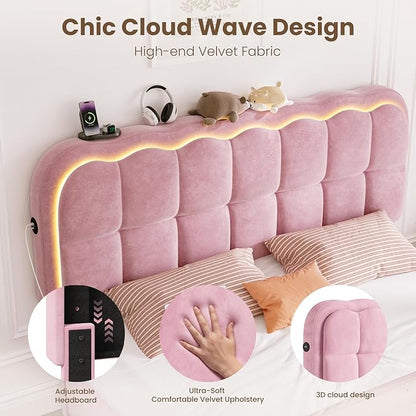 Queen Size Bed Frame with 4 Storage Drawers and LED, Adjustable Clouds Headborad, Velvet Upholstered Platform Queen Bed Frame with Charing Station, Wood Slats Support, No Box Spring Needed,Pink
