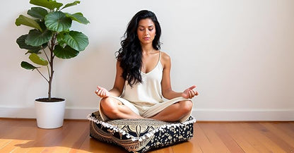 CRAFT KALA 18" Square Large Hippie Mandala Meditation Floor Ottoman Pillow Cushion Pouf Cover Square Poufs Bohemian Circle Floor Cushion Case Outdoor Fireplace Yoga Living Room Decor Cover Black Gold
